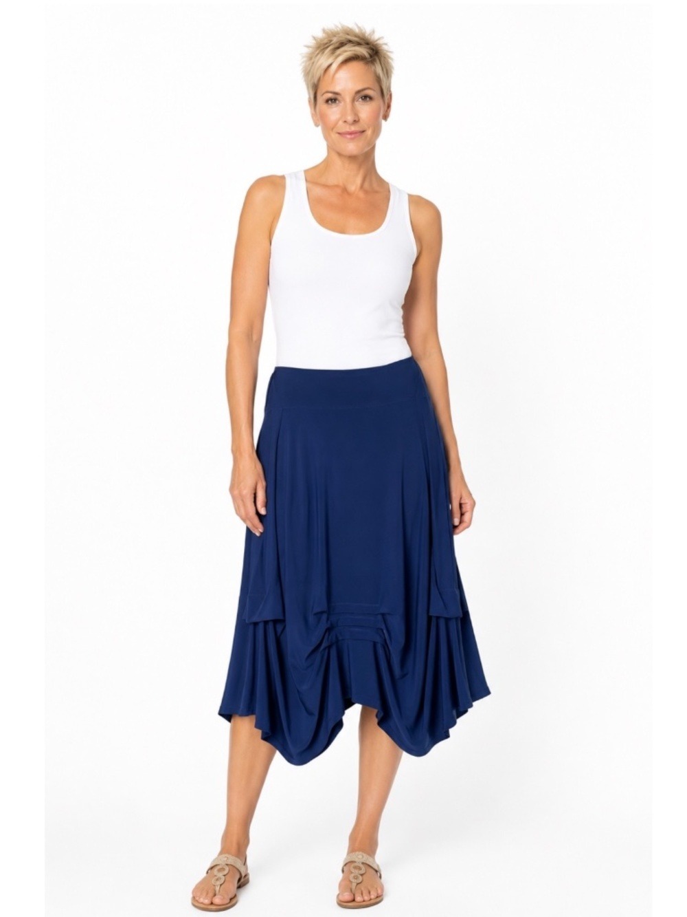SYMPLI Jersey Knit Cobalt Blue Pleated and Gathered Midi Skirt Pull On  Sz 14